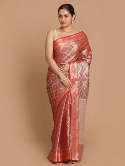 Indethnic - Banarasi Red Woven Design Daily Wear Saree With Unstitched Blouse