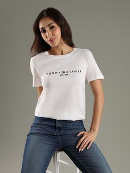 Tommy Hilfiger - White Embroidered Logo Regular Fit Cotton T-Shirt