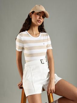 Tommy Hilfiger - Beige Stripes Regular Fit Cotton T-Shirt