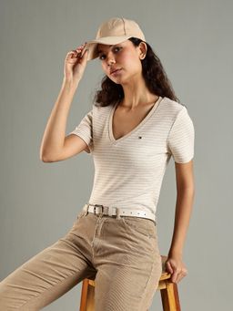 Tommy Hilfiger - Beige Stripes Regular Fit Cotton T-Shirt