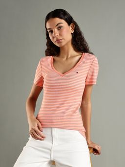 Tommy Hilfiger - Orange Stripes Regular Fit Cotton T-Shirt