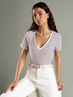 Tommy Hilfiger - White Stripes Regular Fit Cotton T-Shirt