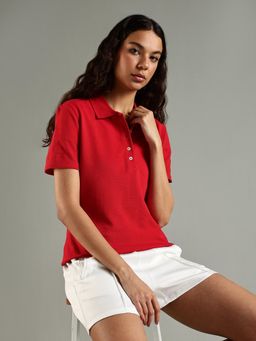 Tommy Hilfiger - Red Solid Regular Fit Cotton Polo T-Shirt