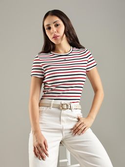 Tommy Hilfiger - White Stripes Slim Fit Cotton T-Shirt