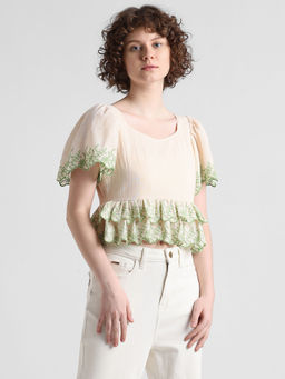 ONLY - Beige Embroidered Ruffle Top