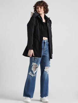 ONLY - Black Faux Fur Long Parka Jacket