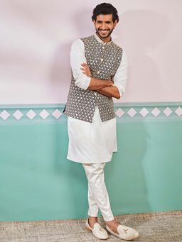 Vastramay - Mens Black- Cream Floral Embroidered Nehru Jacket with Kurta and Pant (Set of 3)