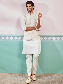Vastramay - Mens Cream Floral Embroidered Nehru Jacket with Kurta and Pant (Set of 3)