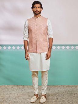 Vastramay - Mens Peach-Cream Floral Embroidered Nehru Jacket with Kurta and Pant (Set of 3)