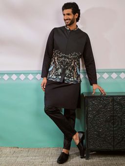 Vastramay - Mens Black Floral Embroidered Nehru Jacket with Kurta and Pant (Set of 3)