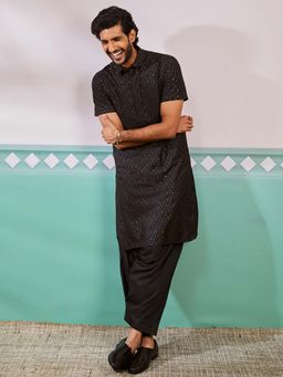 Vastramay - Mens Black Sequined Shirt Collar Pathani Kurta with Patiala Pant (Set of 2)