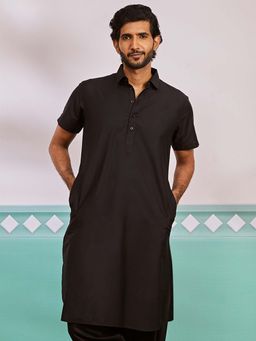 Vastramay - Mens Black Solid Shirt Collar Pathani Kurta