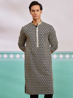 Vastramay - Mens Black Rayon Floral Embroidered Kurta