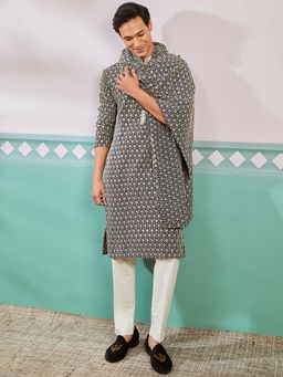 Vastramay - Mens Black Floral Embroidered Kurta with Pant and Dupatta (Set of 3)