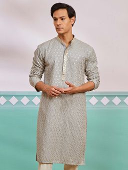 Vastramay - Mens Grey Rayon Floral Embroidered Kurta