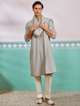 Vastramay - Mens Grey Floral Embroidered Kurta with Pant and Dupatta (Set of 3)