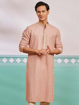 Vastramay - Mens Peach Rayon Floral Embroidered Kurta