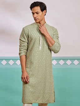 Vastramay - Mens Green Rayon Floral Embroidered Kurta