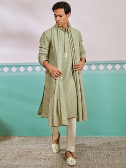 Vastramay - Mens Green Floral Embroidered Kurta with Pant and Dupatta (Set of 3)