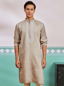 Vastramay - Mens Beige Silk Blend Yoke Embroidered Kurta