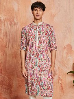 Vastramay - Mens Cream Crepe Paisley Printed Kurta