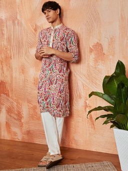 Vastramay - Mens Cream Paisley Printed Kurta with Pant (Set of 2)