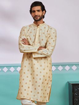 Vastramay - Mens Cream Silk Blend Printed Embroidered Collar Kurta