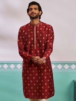 Vastramay - Mens Maroon Silk Blend Printed Embroidered Collar Kurta