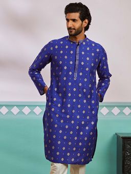 Vastramay - Mens Royal Blue Silk Blend Printed Embroidered Collar Kurta