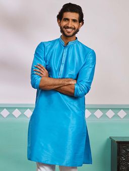 Vastramay - Mens Aqua Blue Silk Blend Yoke Solid Embroidered Kurta