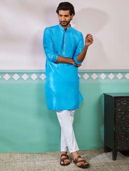 Vastramay - Mens Aqua Blue Solid Embroidered Kurta with Pant (Set of 2)