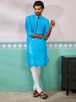 Vastramay - Mens Aqua Blue Solid Embroidered Kurta with Churidar (Set of 2)