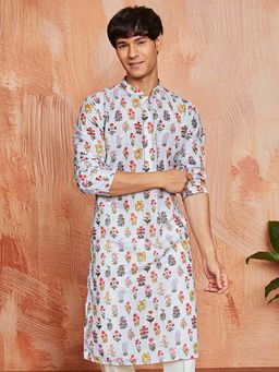Vastramay - Mens Blue Silk Blend Floral Printed Kurta