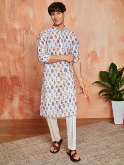 Vastramay - Mens Blue Silk Blend Floral Printed Kurta with Pant (Set of 2)