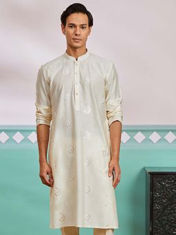 Vastramay - Mens Cream Viscose Embroidered Sequined Kurta