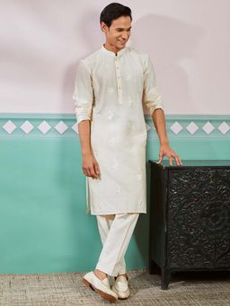 Vastramay - Mens Cream Embroidered Sequined Kurta with Pant (Set of 2)