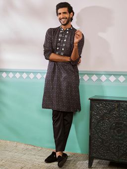Vastramay - Mens Black Silk Blend Bandhani Printed Kurta with Pant (Set of 2)