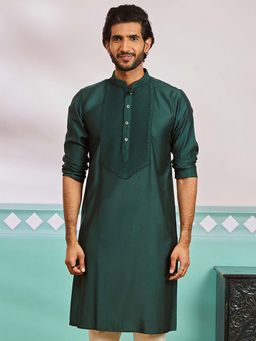 Vastramay - Mens Green Silk Blend Solid Embroidered Kurta