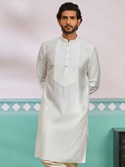 Vastramay - Mens White Silk Blend Solid Embroidered Kurta