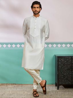 Vastramay - Mens White Silk Blend Solid Embroidered Kurta with Pant (Set of 2)
