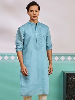 Vastramay - Mens Aqua Blue Silk Blend Floral Embroidered Kurta