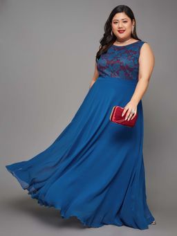 Miss Chase - A+ Curve Collection Plus Size Floral Fit & Flare Maxi Dress - Royal Blue