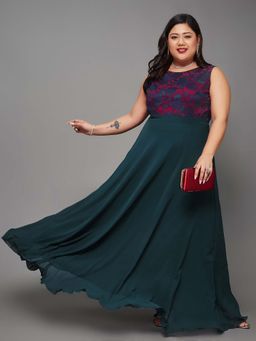 Miss Chase - A+ Curve Collection Plus Size Floral Fit & Flare Maxi Dress - Teal