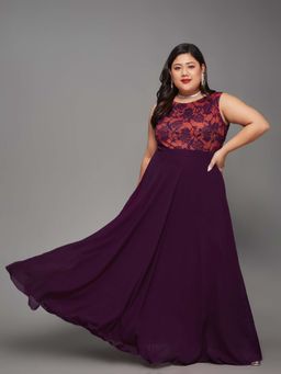 Miss Chase - A+ Curve Collection Plus Size Floral Fit & Flare Maxi Dress - Dark Purple