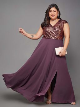 Miss Chase - A+ Curve Collection Plus Size Wine Embellished Wrap Maxi Party Dress