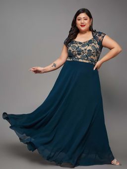 Miss Chase - A+ Curve Collection Plus Size Floral Fit & Flare Maxi Dress - Teal