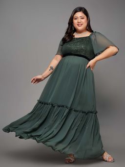 Miss Chase - A+ Curve Collection Plus Size Embellished Tiered Longline Dress Dark Green