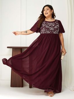 Miss Chase - A+ Curve Collection Plus Size Womens Wine Flared Sleeves Maxi Dress