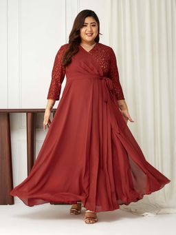 Miss Chase - A+ Curve Collection Plus Size Womens Brick Brown 3/4 Sleeve Wrap Maxi Dress