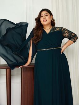 Miss Chase - A+ Curve Collection Plus Size Womens Teal V-Neck Maxi Dress